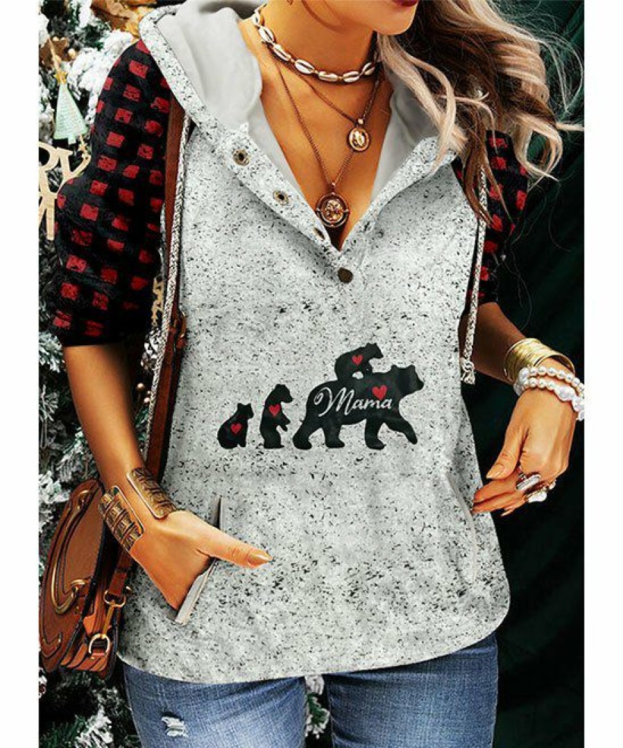 * Clothing | Best Sale Camisa Gray & Red Buffalo Check Contrast-Sleeve 'Mama' Hoodie Women