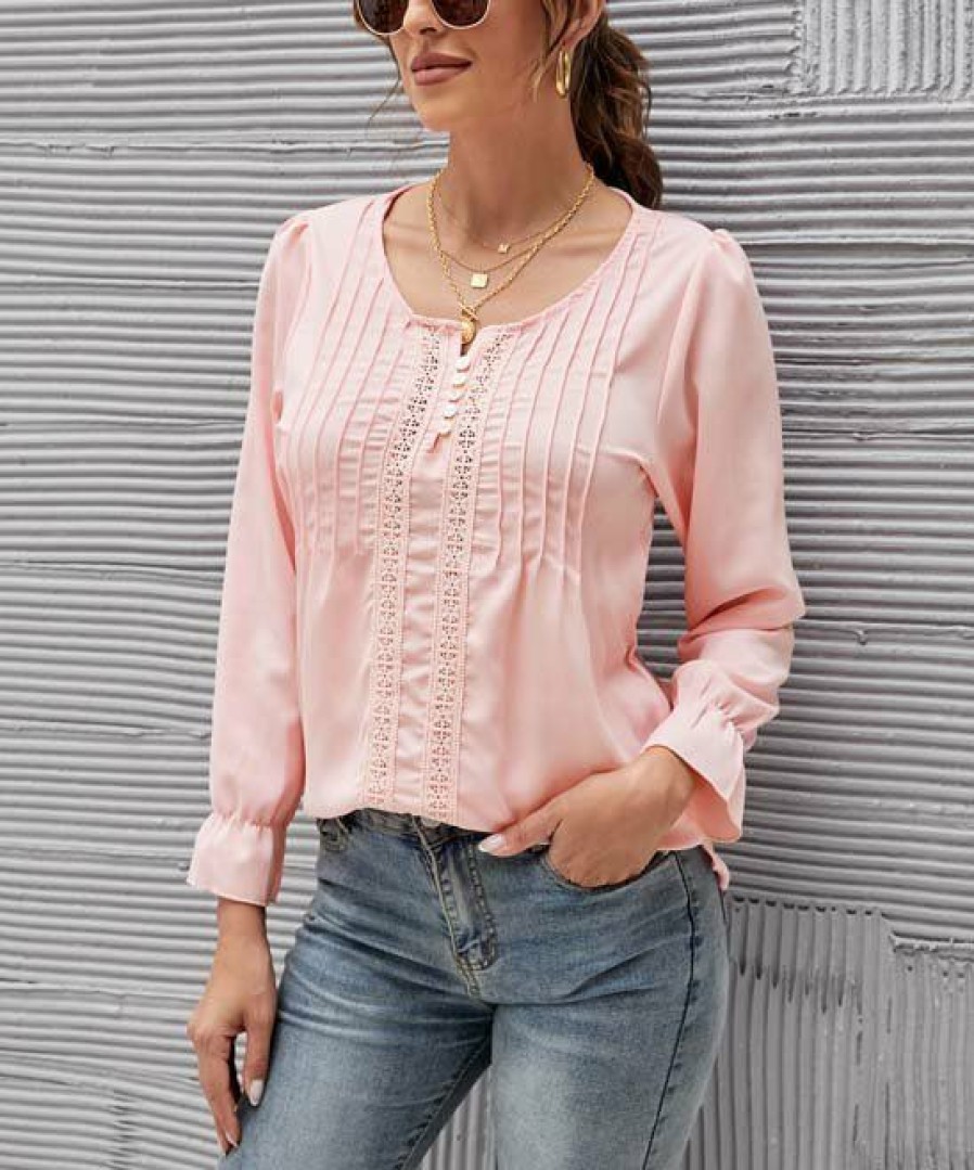 * Clothing | Buy Camisa Pink Pin Tuck Crochet-Trim Button-Front Top Women