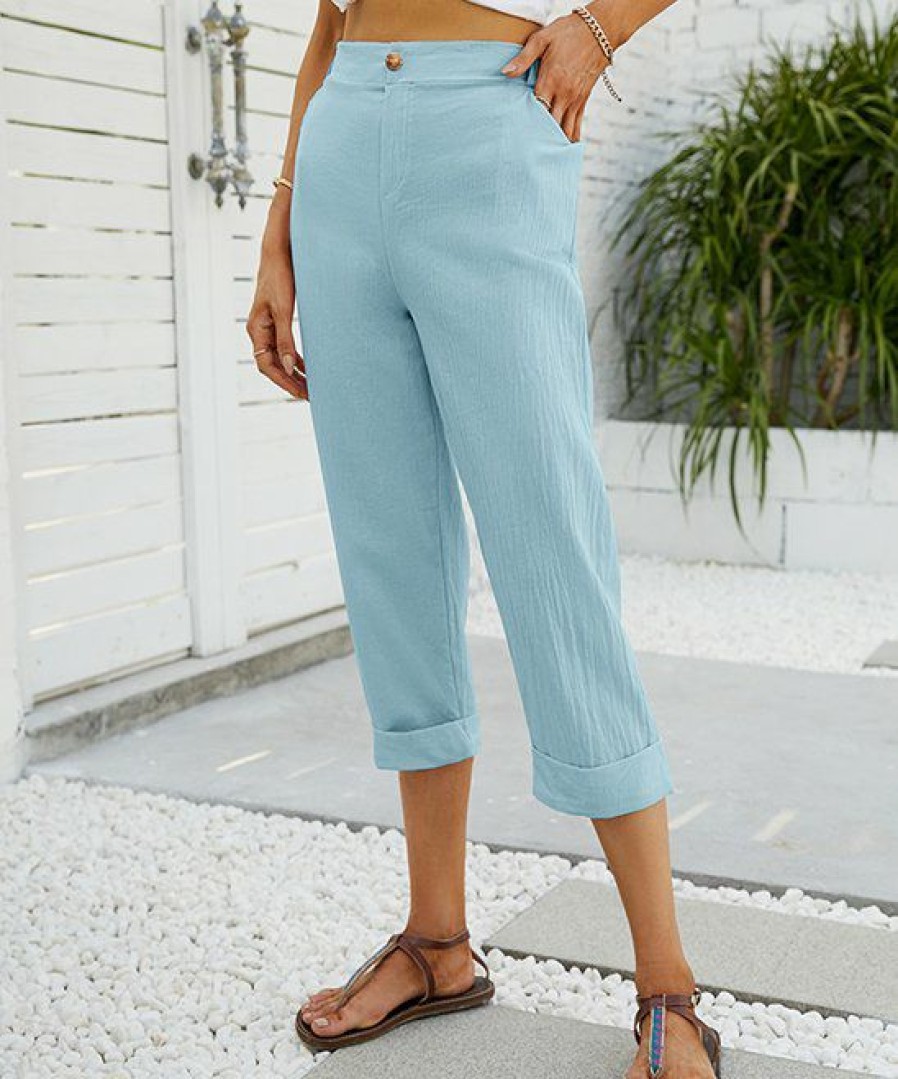 * Clothing | Buy Camisa Blue Elastic-Waist Pocket Capri Pants Women