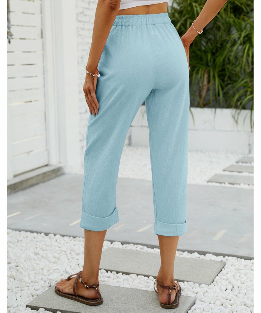 * Clothing | Buy Camisa Blue Elastic-Waist Pocket Capri Pants Women