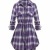 * Clothing | Best Pirce Camisa Purple Plaid Drawstring-Waist Zip-Up Tunic Women