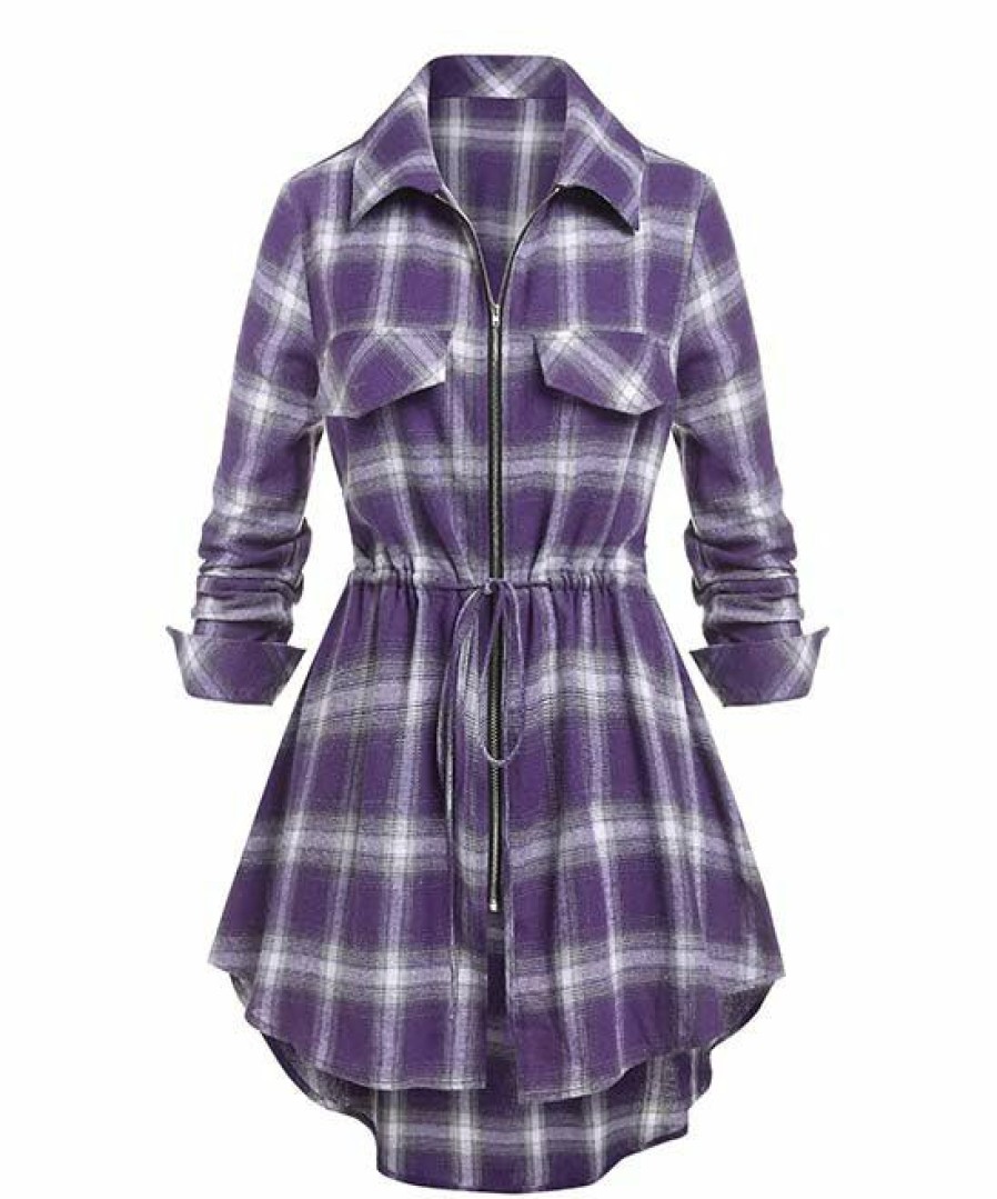 * Clothing | Best Pirce Camisa Purple Plaid Drawstring-Waist Zip-Up Tunic Women