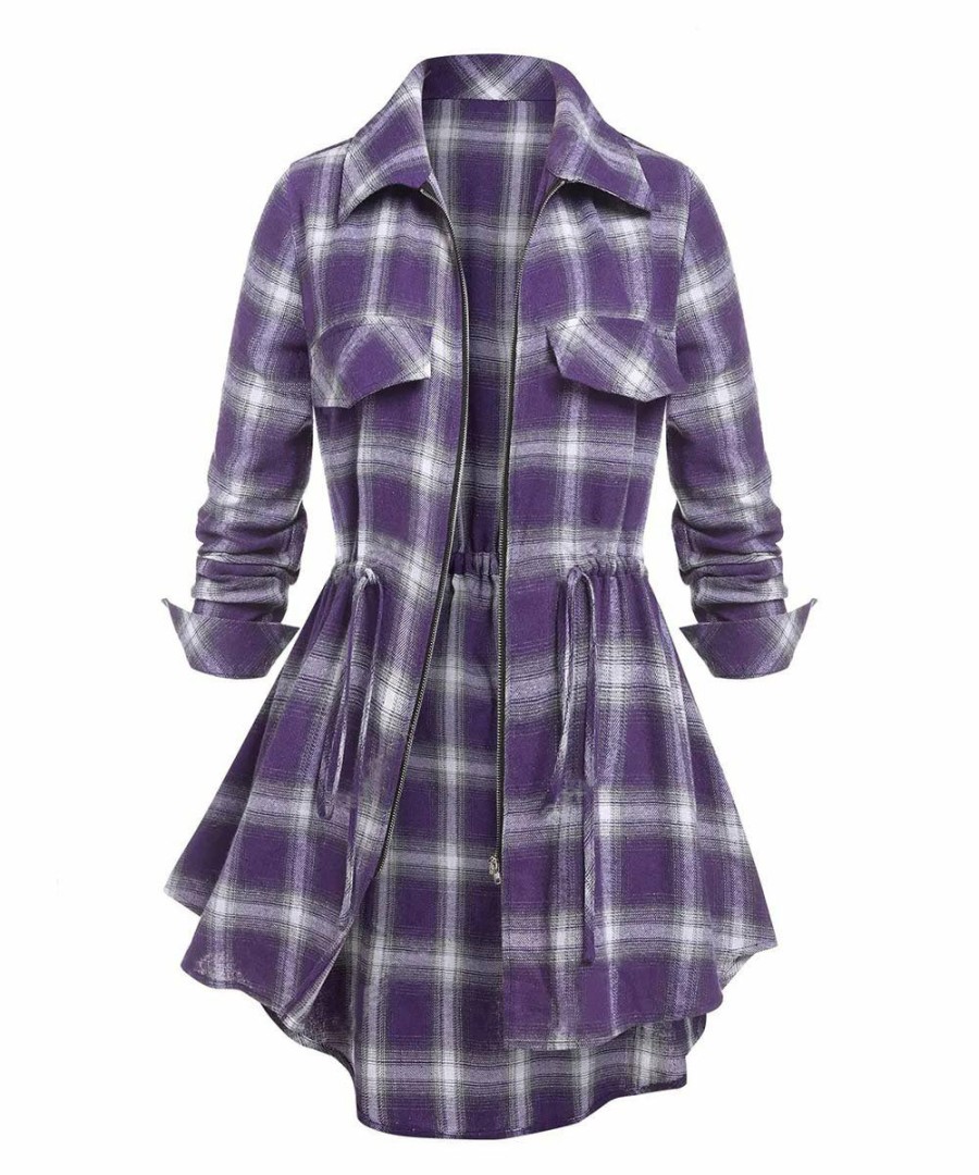 * Clothing | Best Pirce Camisa Purple Plaid Drawstring-Waist Zip-Up Tunic Women