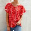 * Clothing | Best Deal Camisa Red Floral Tie-Neck Flutter-Sleeve Top Women