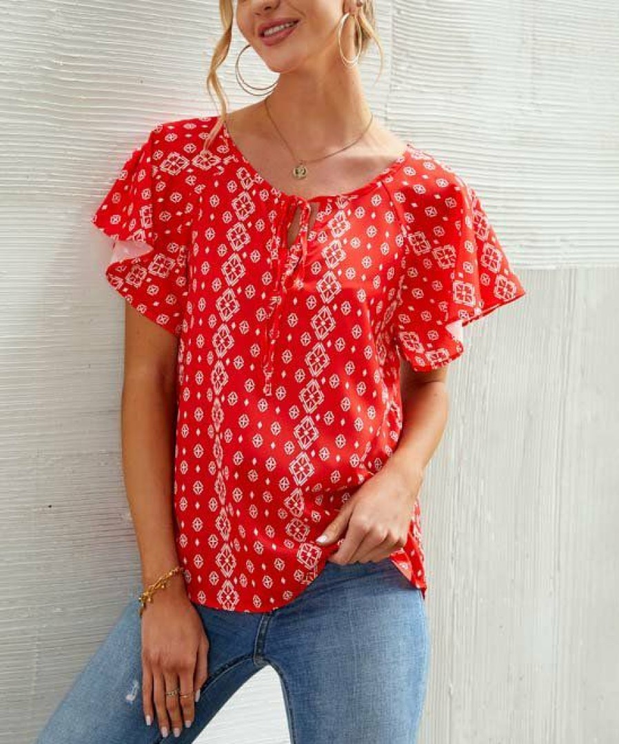 * Clothing | Best Deal Camisa Red Floral Tie-Neck Flutter-Sleeve Top Women