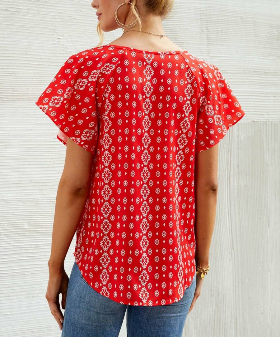 * Clothing | Best Deal Camisa Red Floral Tie-Neck Flutter-Sleeve Top Women