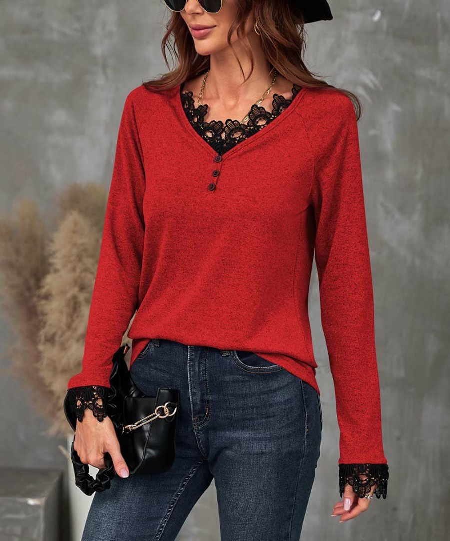 * Clothing | Buy Camisa Red & Black Lace Button-Front Top Women