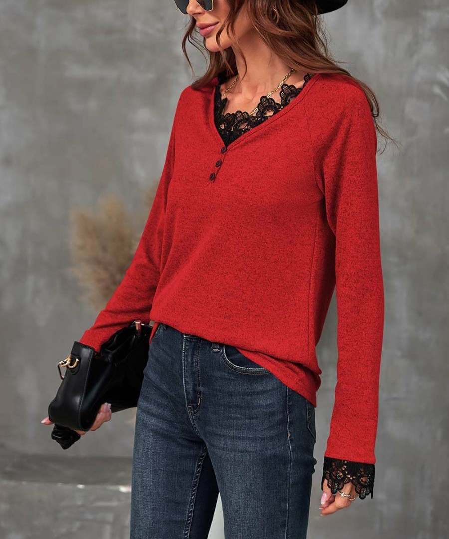 * Clothing | Buy Camisa Red & Black Lace Button-Front Top Women