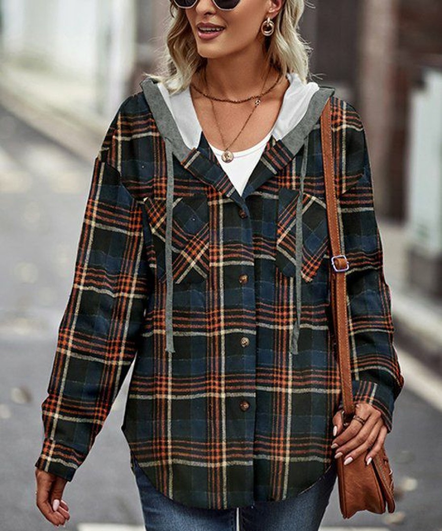 * Clothing | Top 10 Camisa Navy & Gray Plaid Hooded Shacket Women