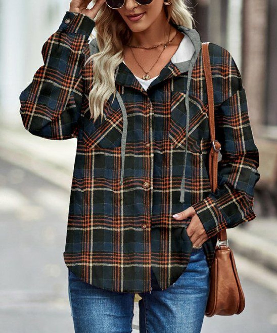 * Clothing | Top 10 Camisa Navy & Gray Plaid Hooded Shacket Women