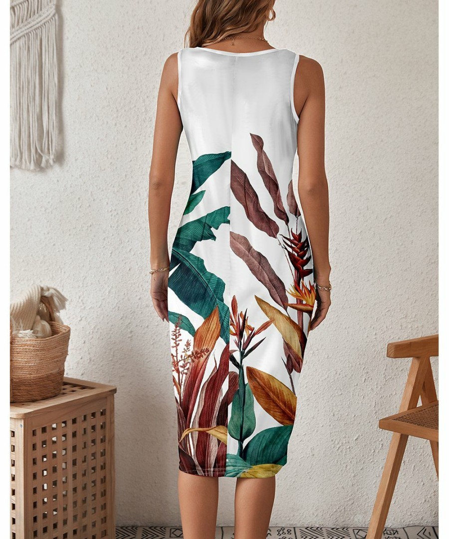 * Clothing | Hot Sale Camisa White & Green Leaf Pocket Sleeveless Dress Women