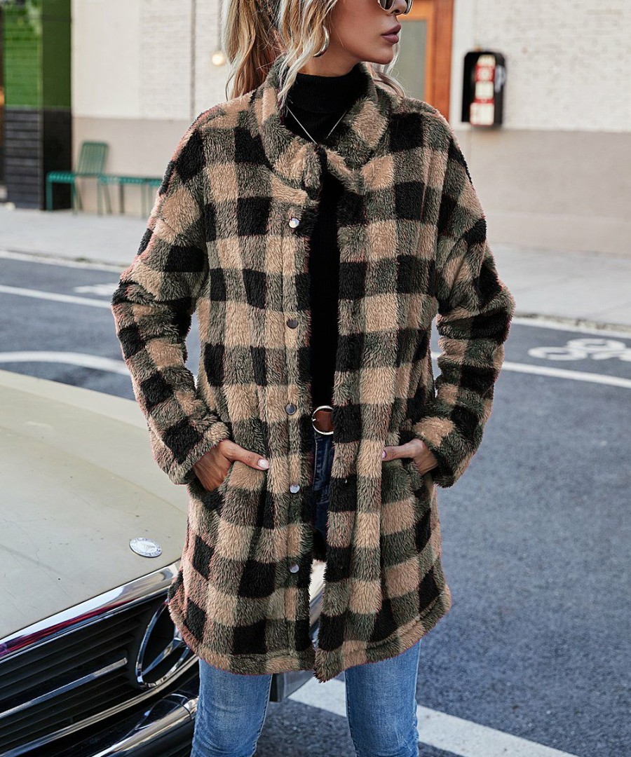 * Clothing | Coupon Camisa Khaki Buffalo Check Pocket Plush Snap-Up Coat Women