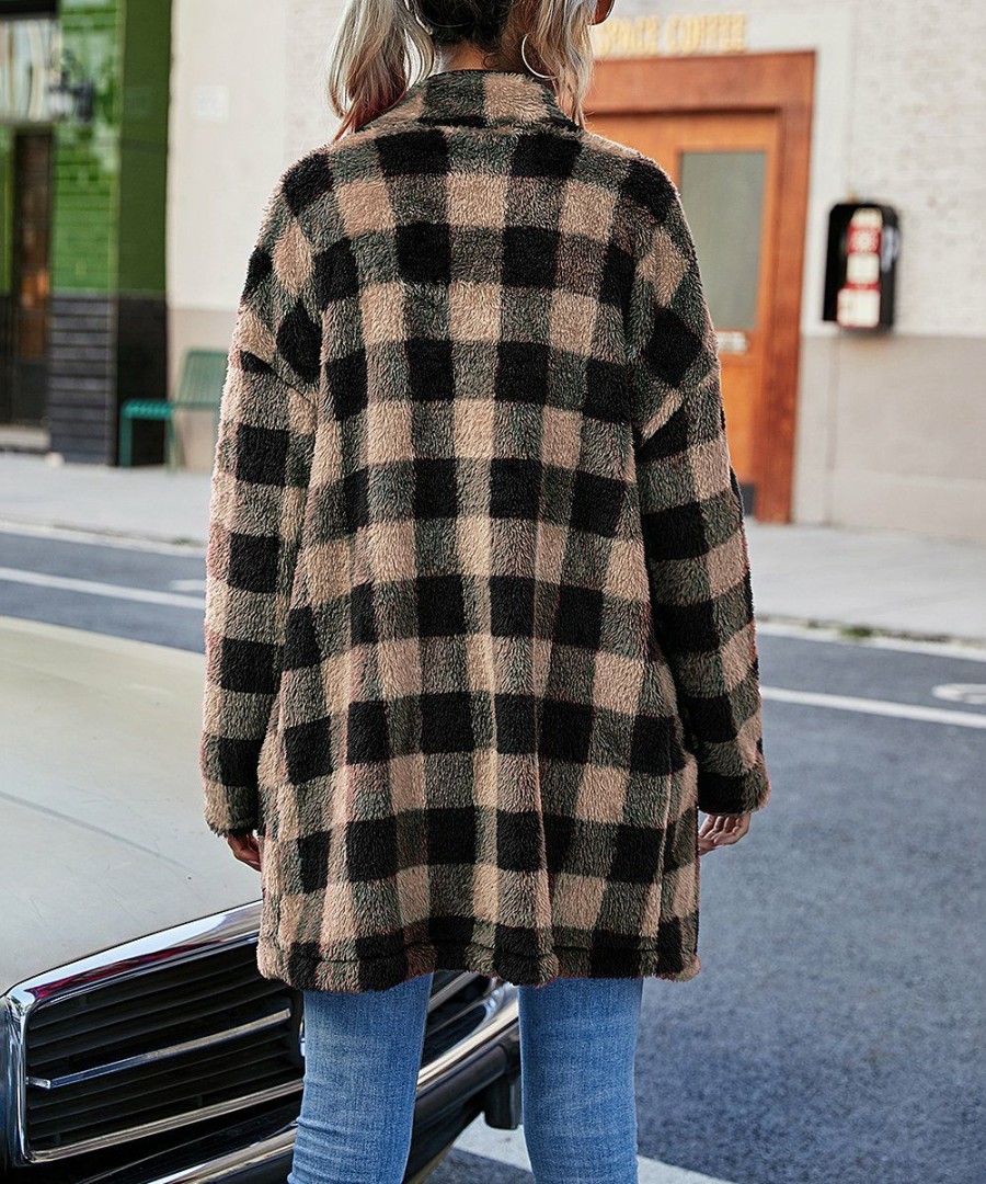 * Clothing | Coupon Camisa Khaki Buffalo Check Pocket Plush Snap-Up Coat Women