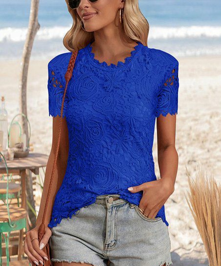 * Clothing | Cheapest Camisa Blue Lace-Accent Cap-Sleeve Top Women