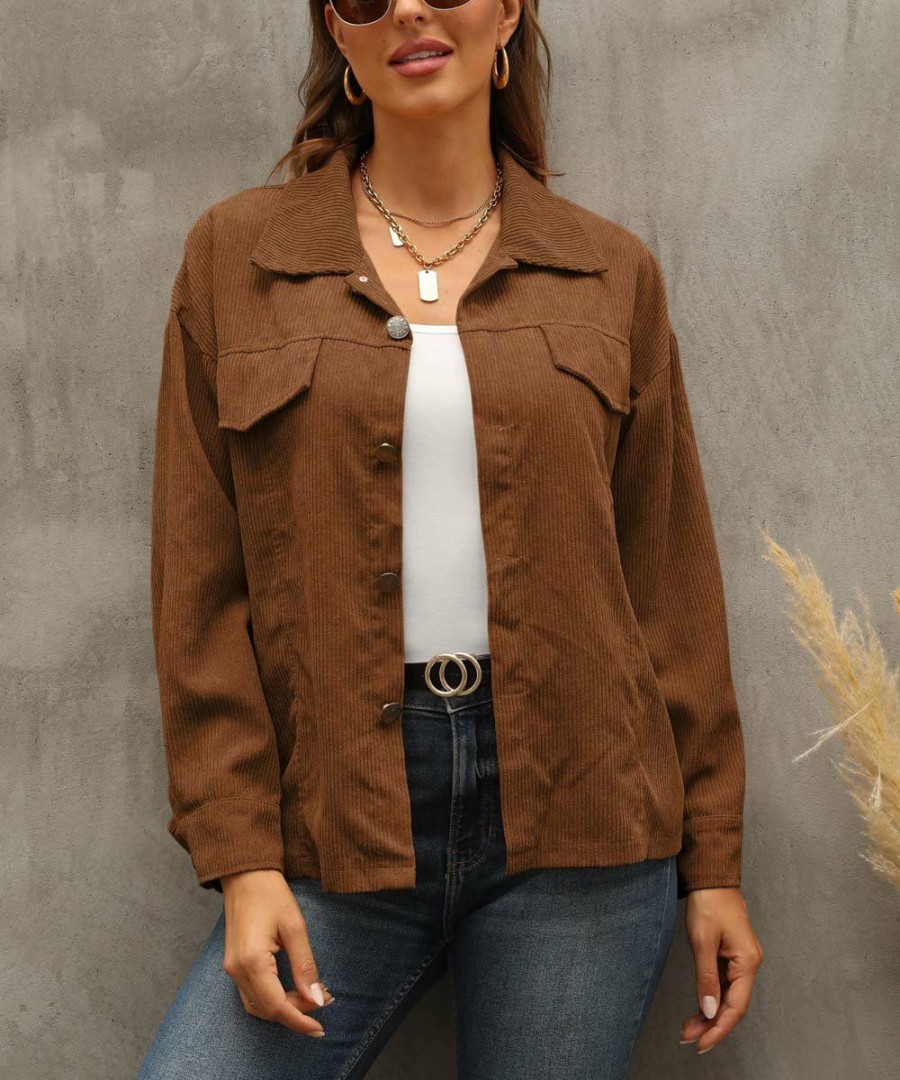 * Clothing | Wholesale Camisa Brown Flap-Pocket Button-Up Corduroy Jacket Women