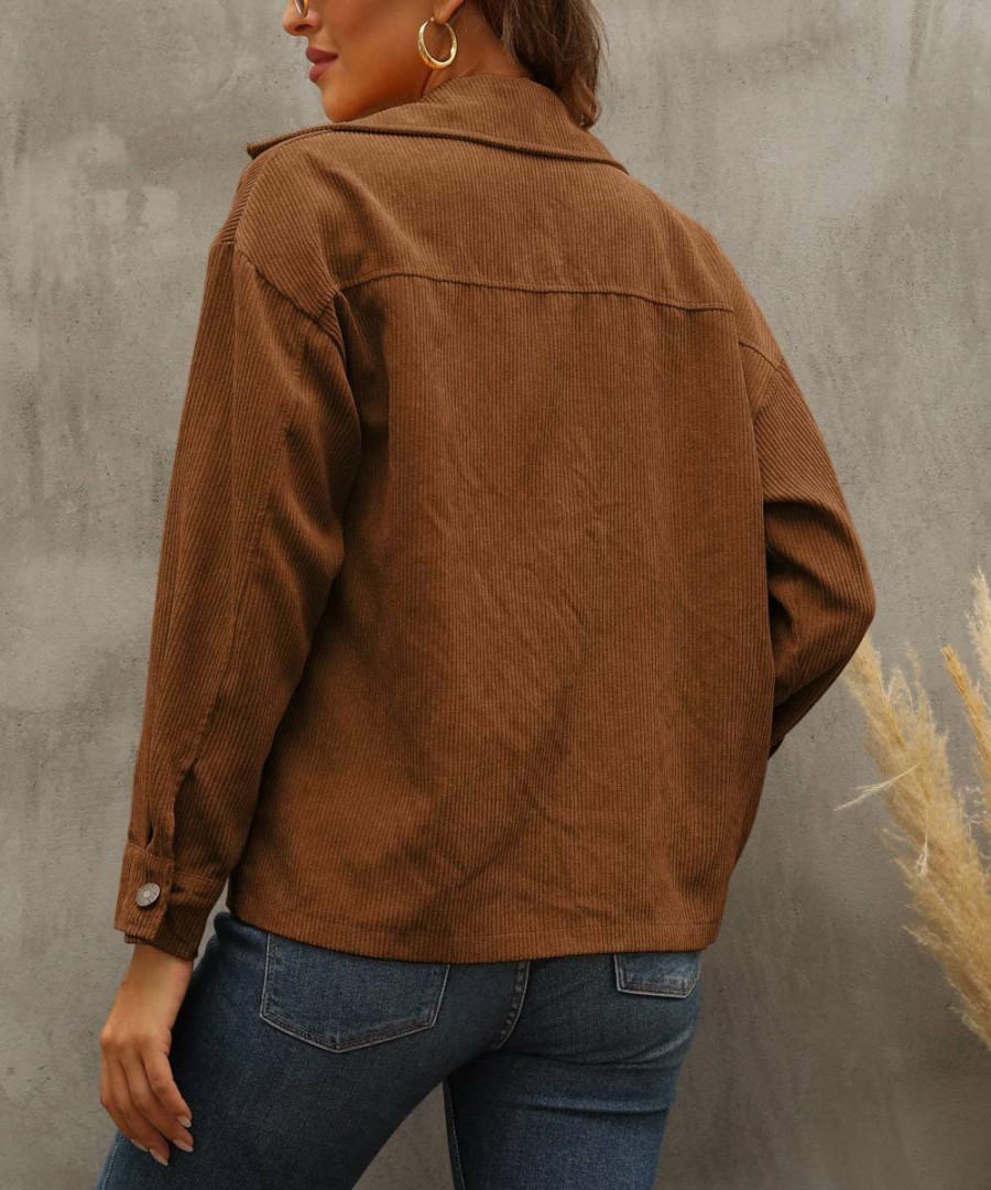 * Clothing | Wholesale Camisa Brown Flap-Pocket Button-Up Corduroy Jacket Women