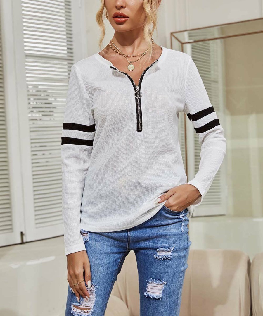 * Clothing | Promo Camisa White Stripe-Contrast Zip-Front Long-Sleeve Tee Women