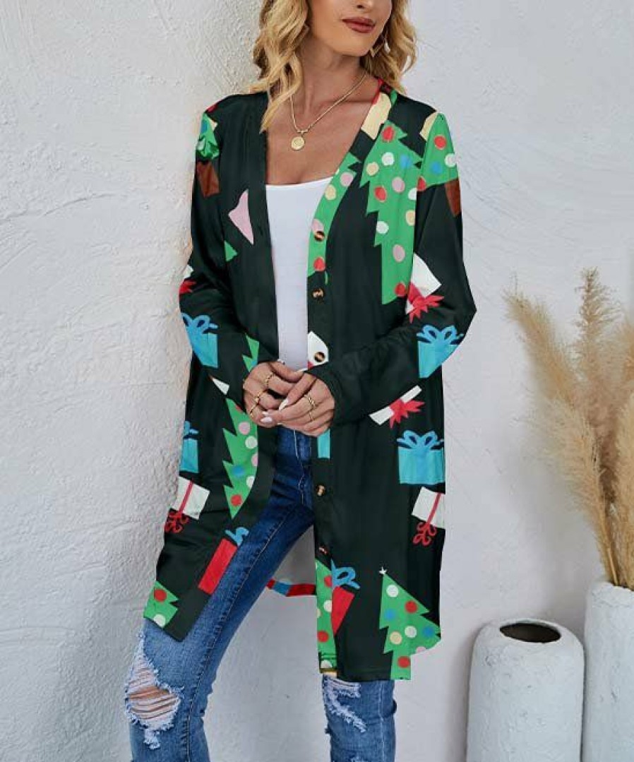 * Clothing | Outlet Camisa Black & Green Christmas Tree Button-Front Longline Cardigan Women