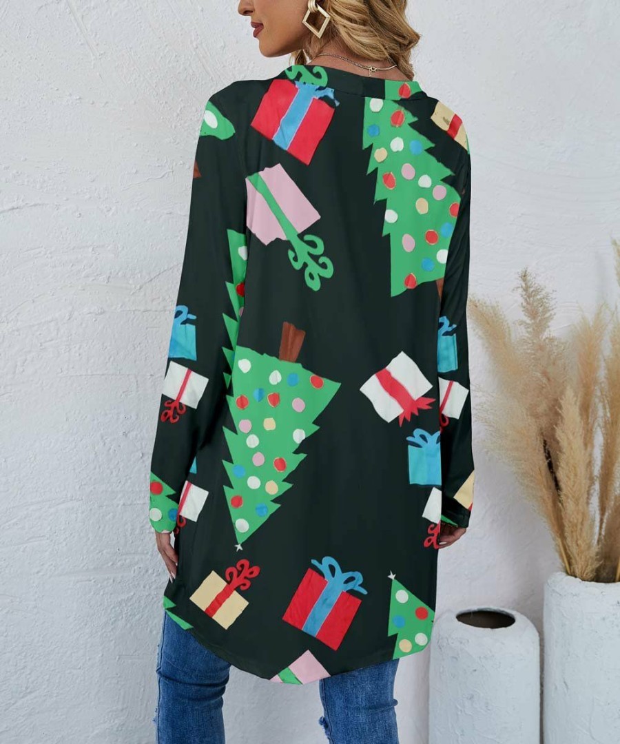 * Clothing | Outlet Camisa Black & Green Christmas Tree Button-Front Longline Cardigan Women