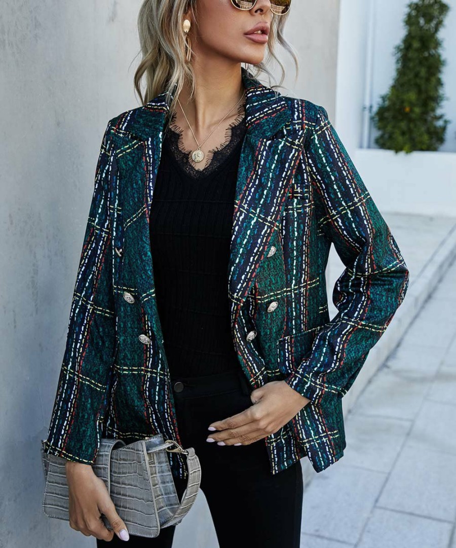 * Clothing | Cheapest Camisa Deep Green Tweed-Print Double-Breasted Blazer Women