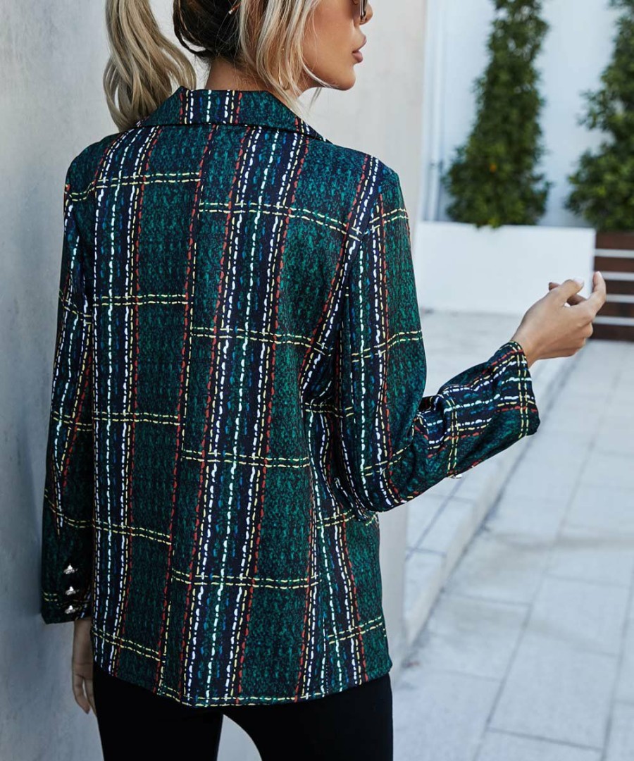 * Clothing | Cheapest Camisa Deep Green Tweed-Print Double-Breasted Blazer Women