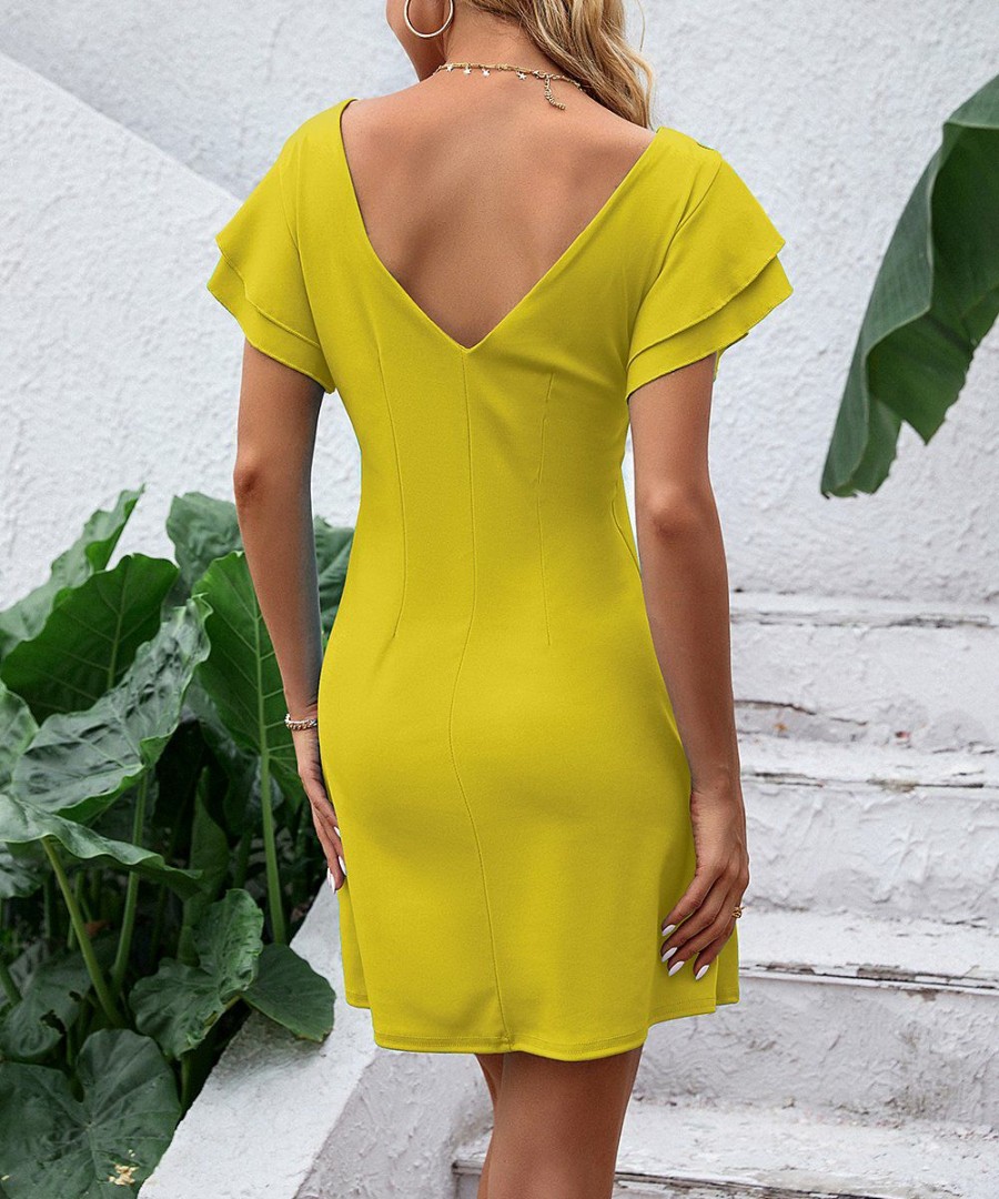 * Clothing | Cheapest Camisa Yellow V-Back Ruffle-Sleeve Dress Women