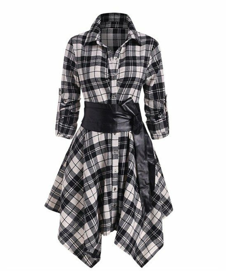 * Clothing | Best Deal Camisa Black Tartan Belted Handkerchief Tunic Women