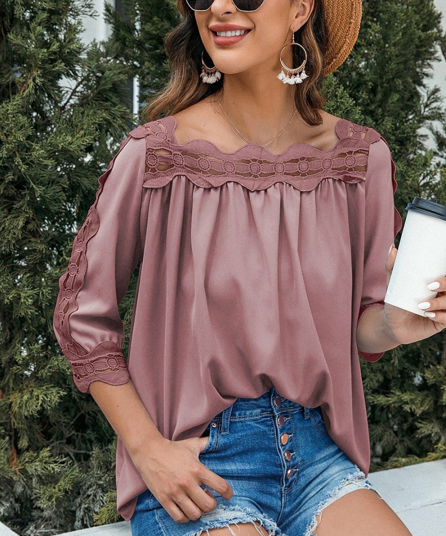 * Clothing | Deals Camisa Pink Lace Half-Sleeve Square-Neck Top Women