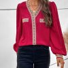 * Clothing | Best Sale Camisa Red & Ivory Lace-Accent V-Neck Puff-Sleeve Top Women