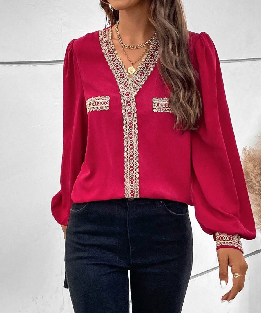 * Clothing | Best Sale Camisa Red & Ivory Lace-Accent V-Neck Puff-Sleeve Top Women