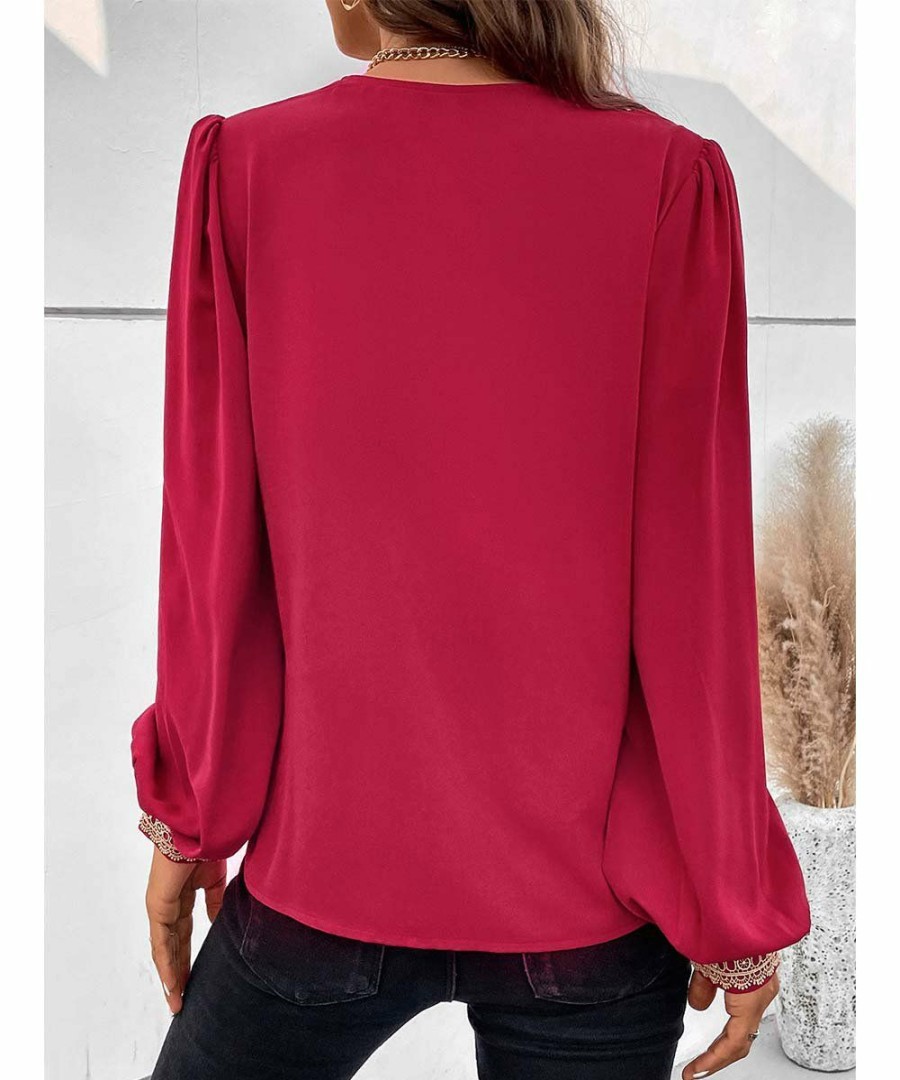 * Clothing | Best Sale Camisa Red & Ivory Lace-Accent V-Neck Puff-Sleeve Top Women