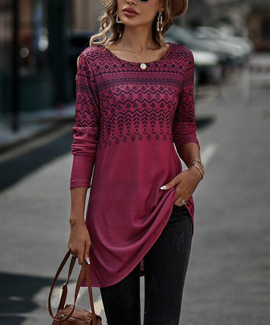 * Clothing | Coupon Camisa Wine & Black Geometric Round-Neck Tunic Women