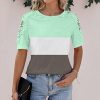 * Clothing | Best Deal Camisa Green Color Block Lace-Sleeve Top Women