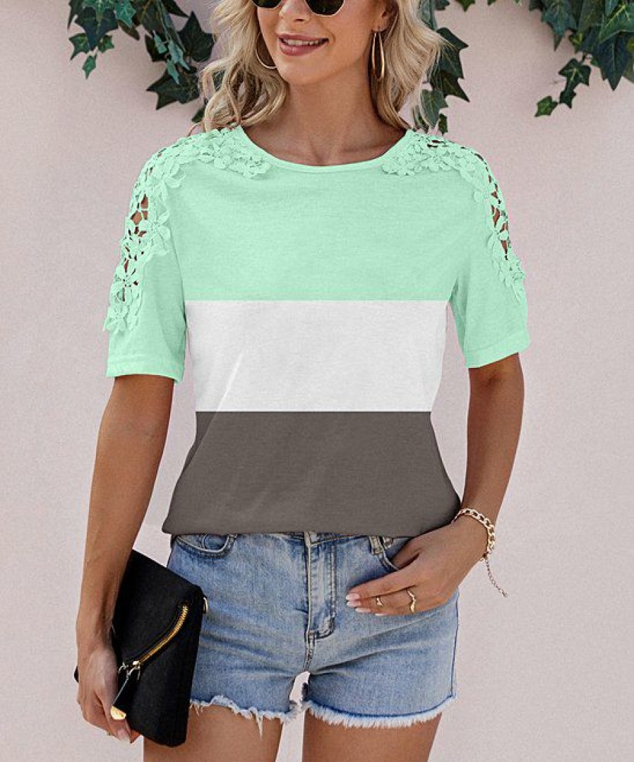 * Clothing | Best Deal Camisa Green Color Block Lace-Sleeve Top Women