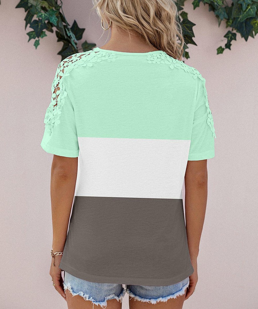 * Clothing | Best Deal Camisa Green Color Block Lace-Sleeve Top Women