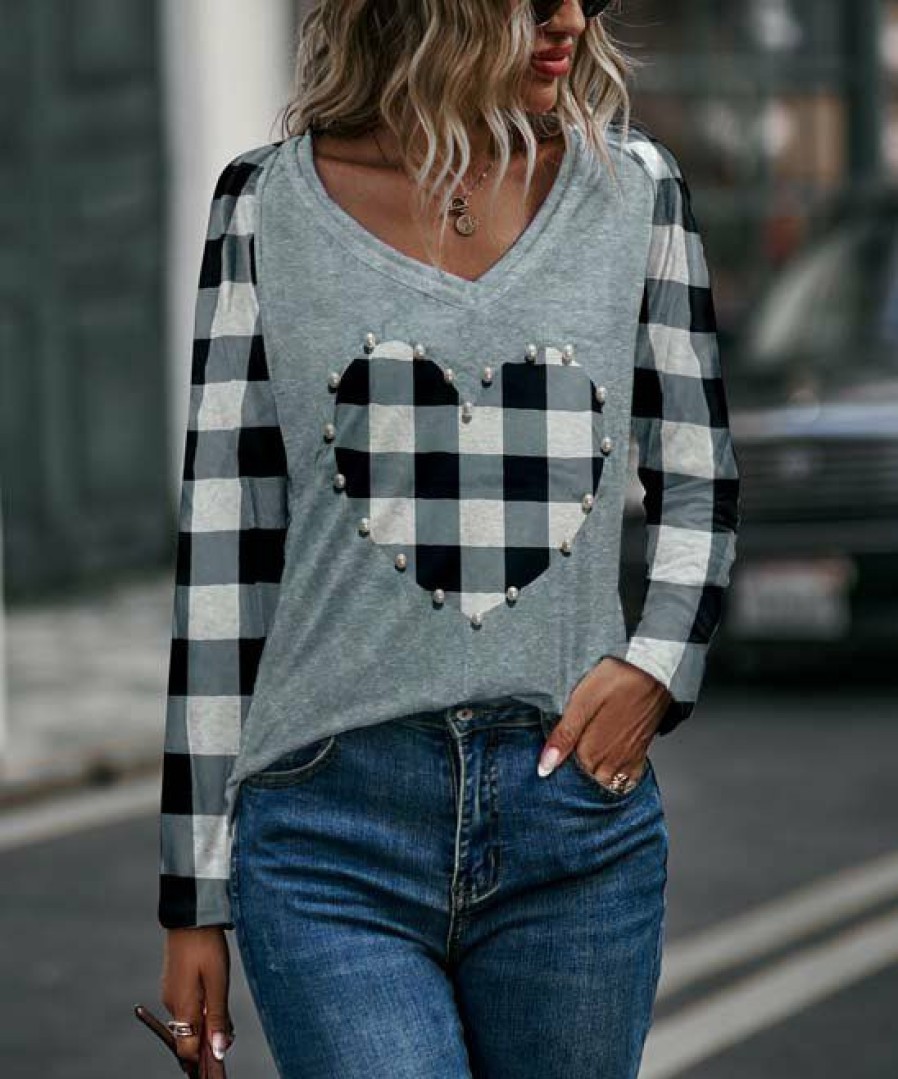 * Clothing | Hot Sale Camisa Gray & White Plaid Heart Long-Sleeve V-Neck Top Women