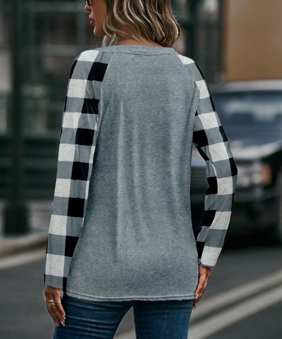 * Clothing | Hot Sale Camisa Gray & White Plaid Heart Long-Sleeve V-Neck Top Women