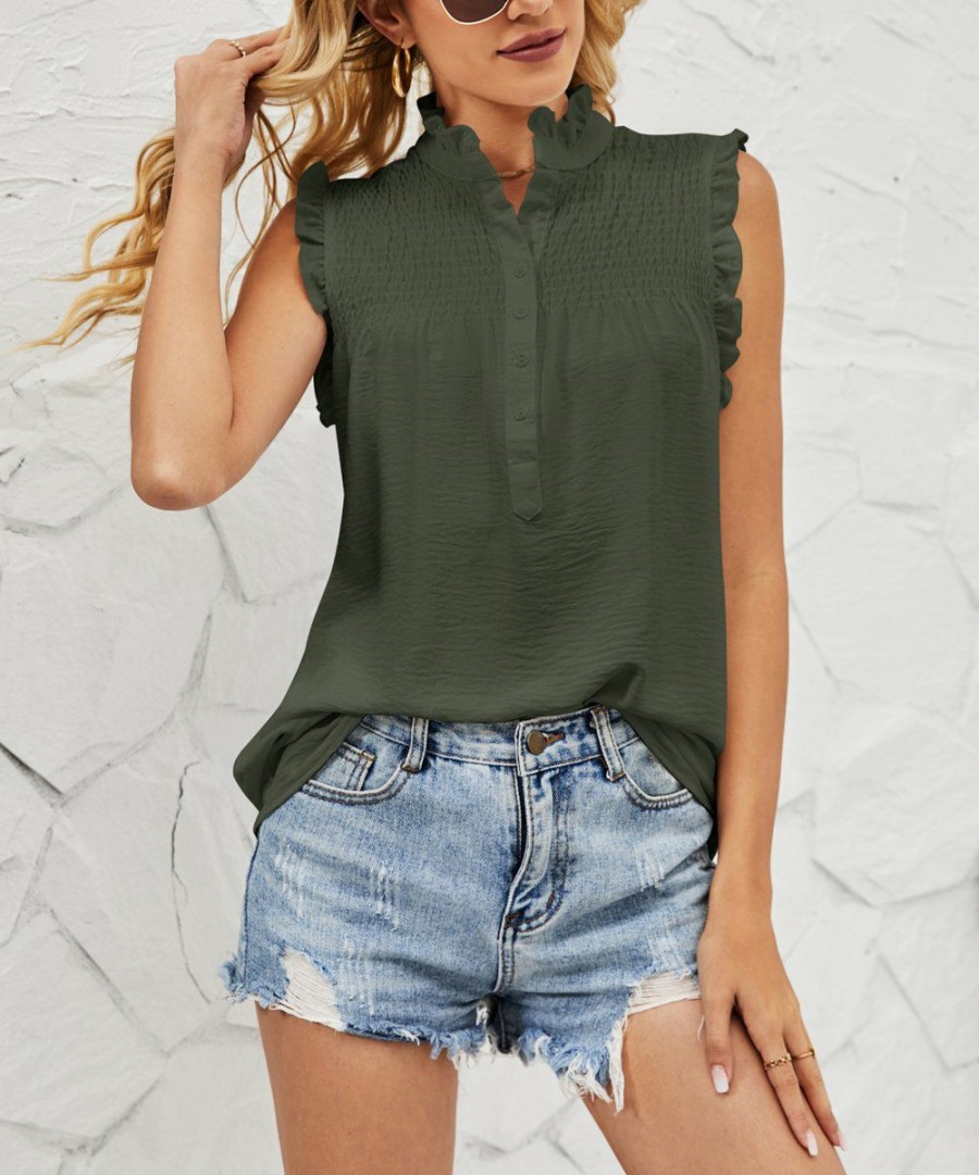 * Clothing | Best Sale Camisa Army Green Ruffle-Trim Button-Front Sleeveless Top Women