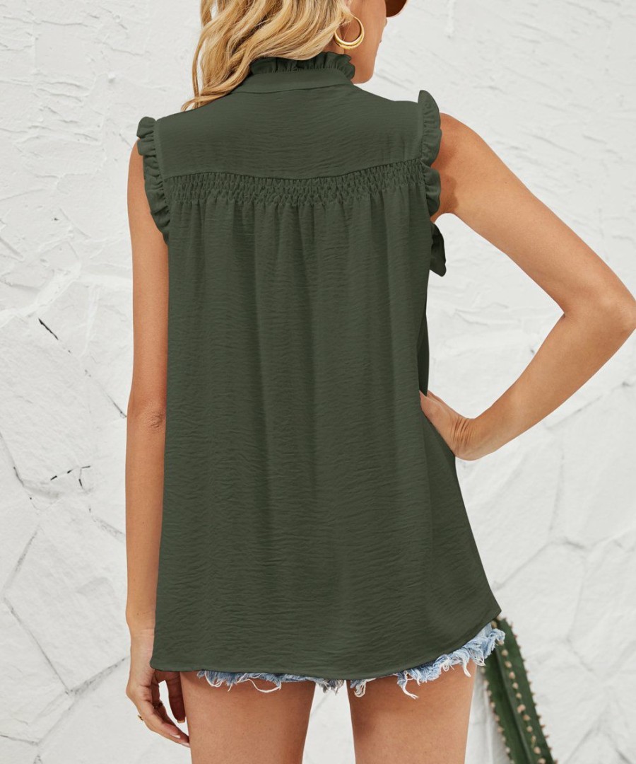 * Clothing | Best Sale Camisa Army Green Ruffle-Trim Button-Front Sleeveless Top Women