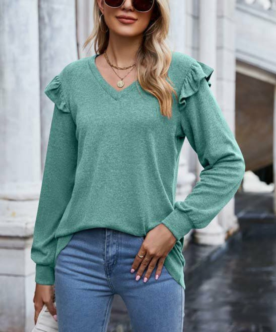 * Clothing | Buy Camisa Green Ruffle-Accent Long-Sleeve V-Neck Top Women