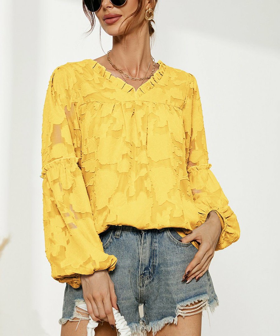 * Clothing | Cheap Camisa Yellow Floral-Textured Puff-Sleeve V-Neck Top Women