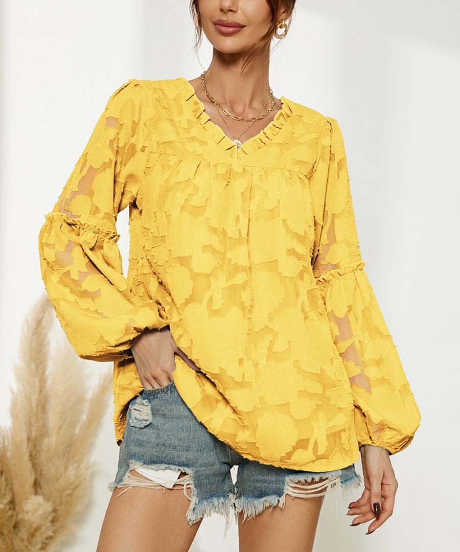 * Clothing | Cheap Camisa Yellow Floral-Textured Puff-Sleeve V-Neck Top Women