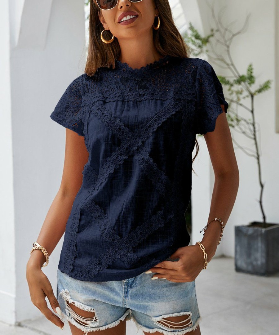 * Clothing | Flash Sale Camisa Navy Lace-Detail Flutter-Sleeve Top Women