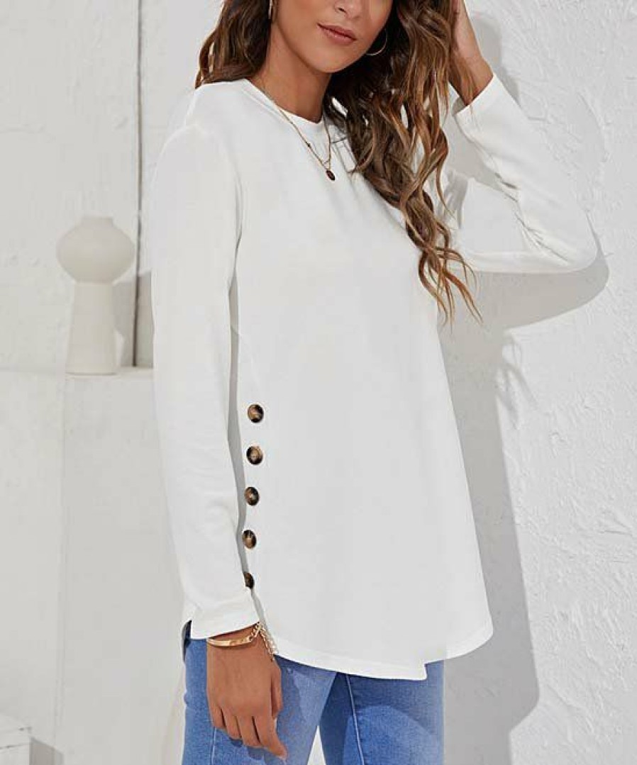 * Clothing | Hot Sale Camisa White Button-Accent Long-Sleeve Tunic Women