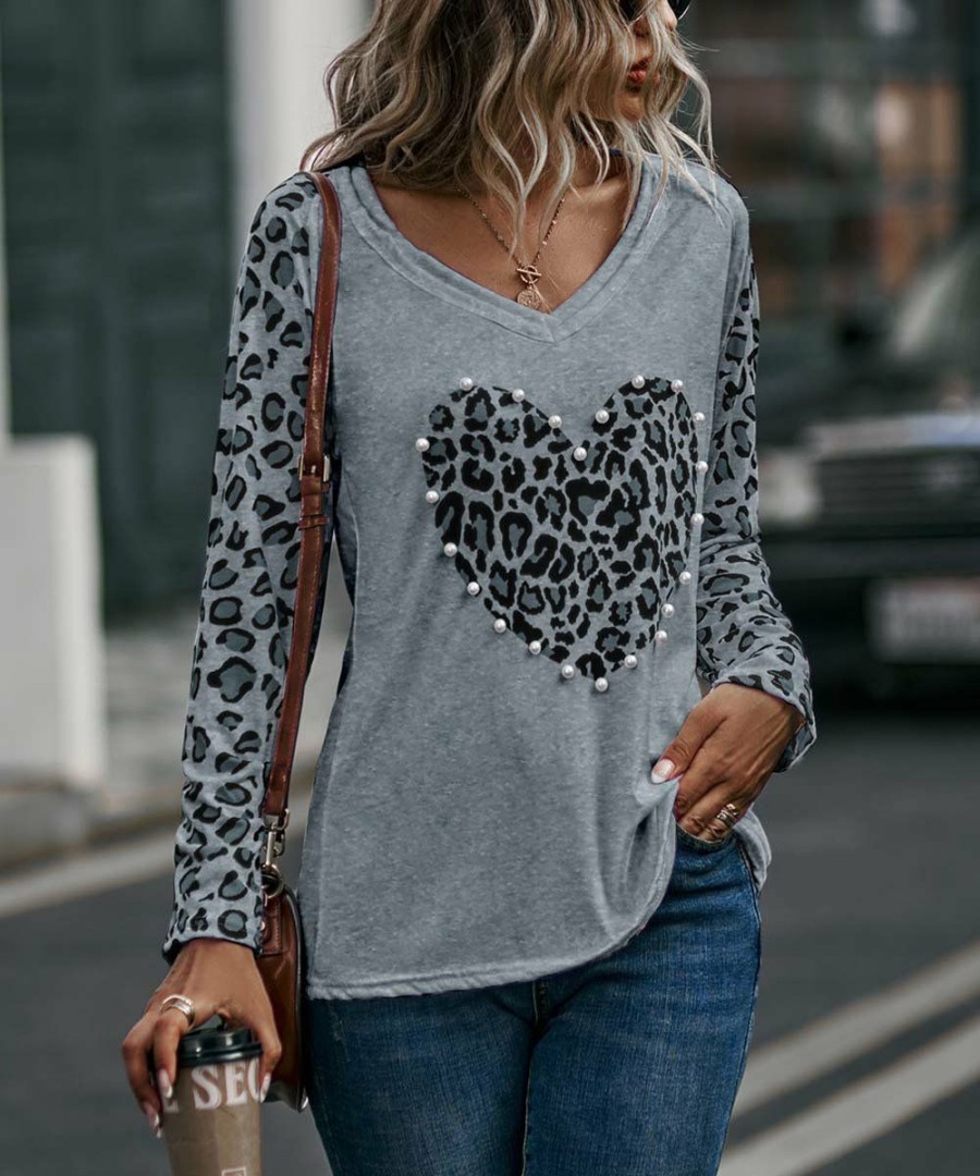 * Clothing | Brand New Camisa Gray Leopard Heart Long-Sleeve V-Neck Top Women