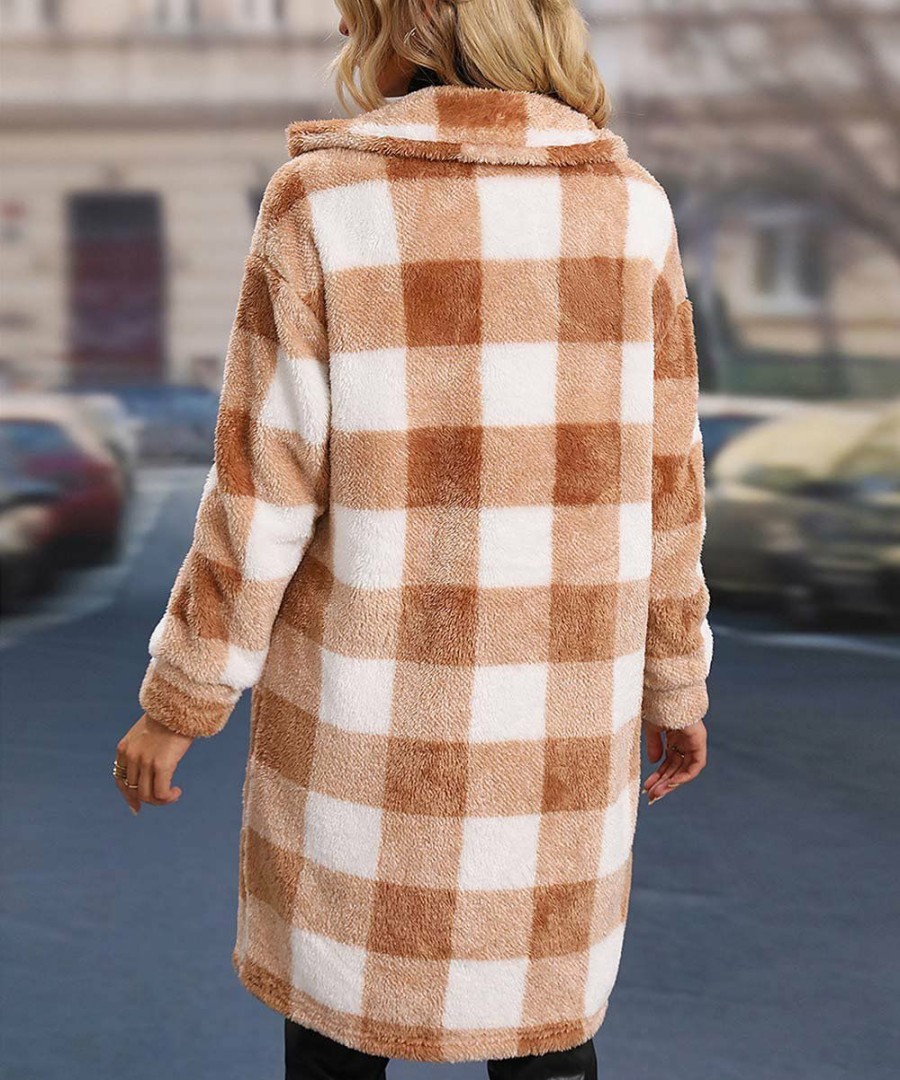 * Clothing | Cheap Camisa Khaki Buffalo Check Longline Teddy Coat Women