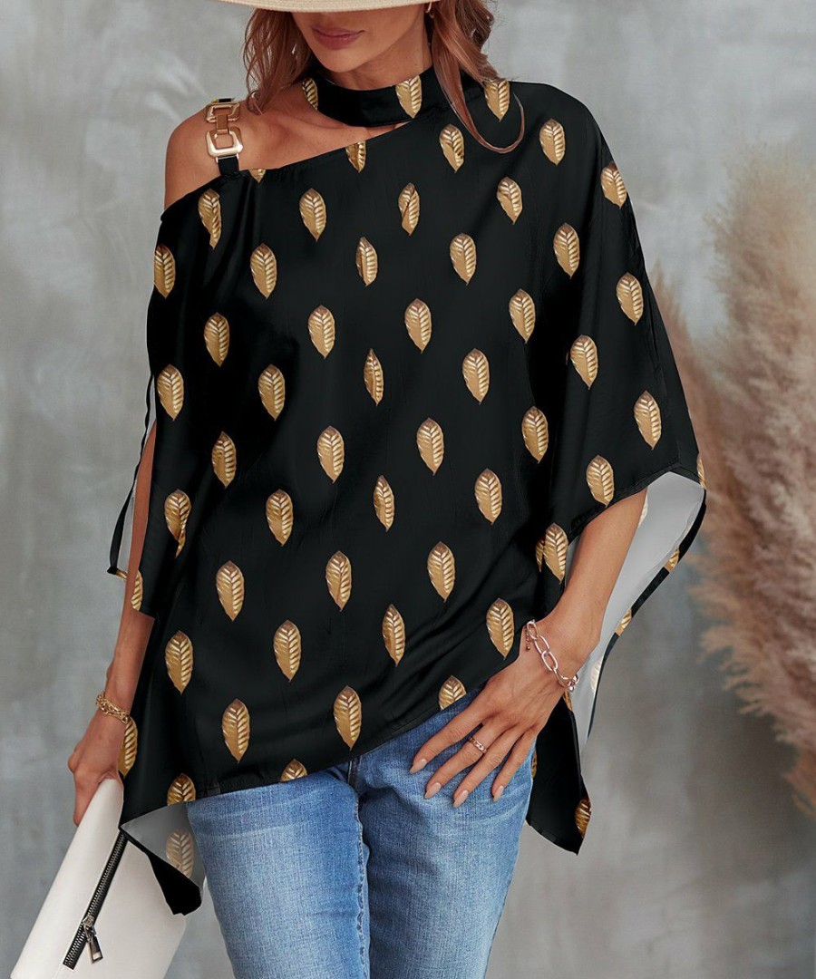 * Clothing | Hot Sale Camisa Black Leaf Shoulder-Cutout Cape-Sleeve Top Women