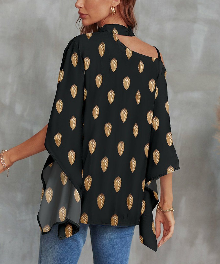 * Clothing | Hot Sale Camisa Black Leaf Shoulder-Cutout Cape-Sleeve Top Women