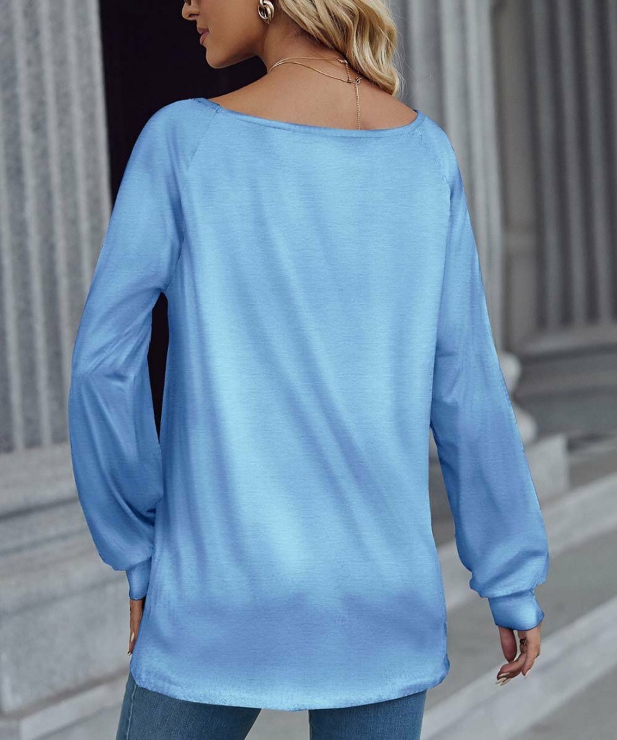 * Clothing | Wholesale Camisa Blue Button-Detail Scoop Neck Top Women