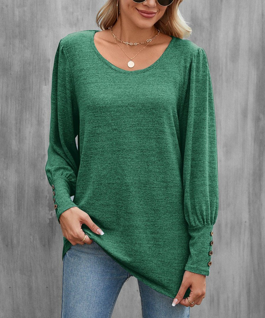 * Clothing | Wholesale Camisa Green Button-Sleeve Scoop Neck Top Women